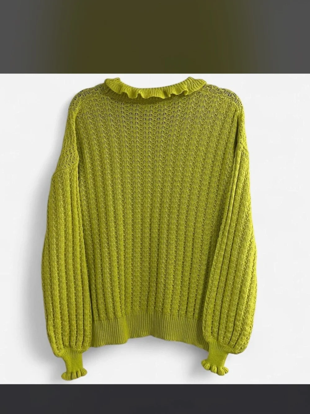 UMGEE Lime Green Cozy Ruffle Neck Sweater with Balloon Sleeves - Picture 2 of 7